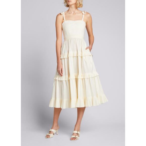 Ulla Johnson Lune Dress in Blanc ruffle tiered cotton poplin ribbon tie size 0 - Picture 2 of 12